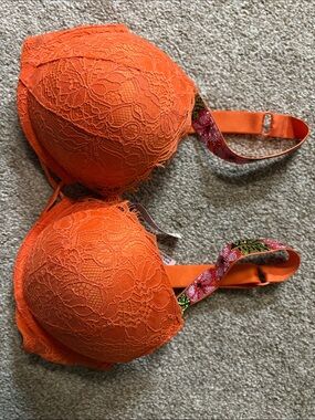 Victoria's Secret Orange Lace Push-Up Bra with Floral Straps